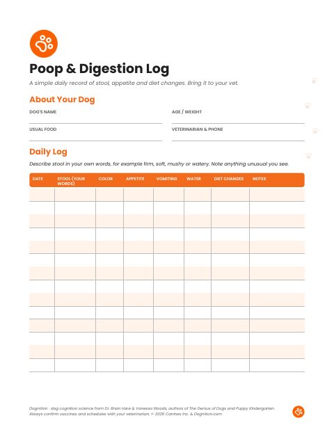Page one of Dognition’s free printable dog poop and digestion log table