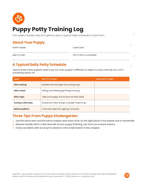 Page one of Dognition’s free printable puppy potty training log with a typical daily potty schedule