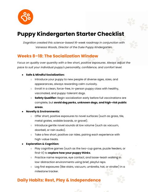 Free Puppy Kindergarten Starter Checklist PDF from Dognition and Vanessa Woods