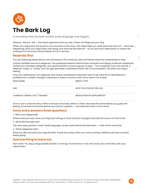 Page one of Dognition’s orange-paw branded fillable Bark Log