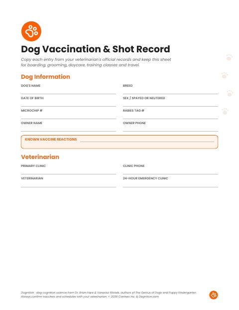 Free printable dog vaccination record PDF from Dognition