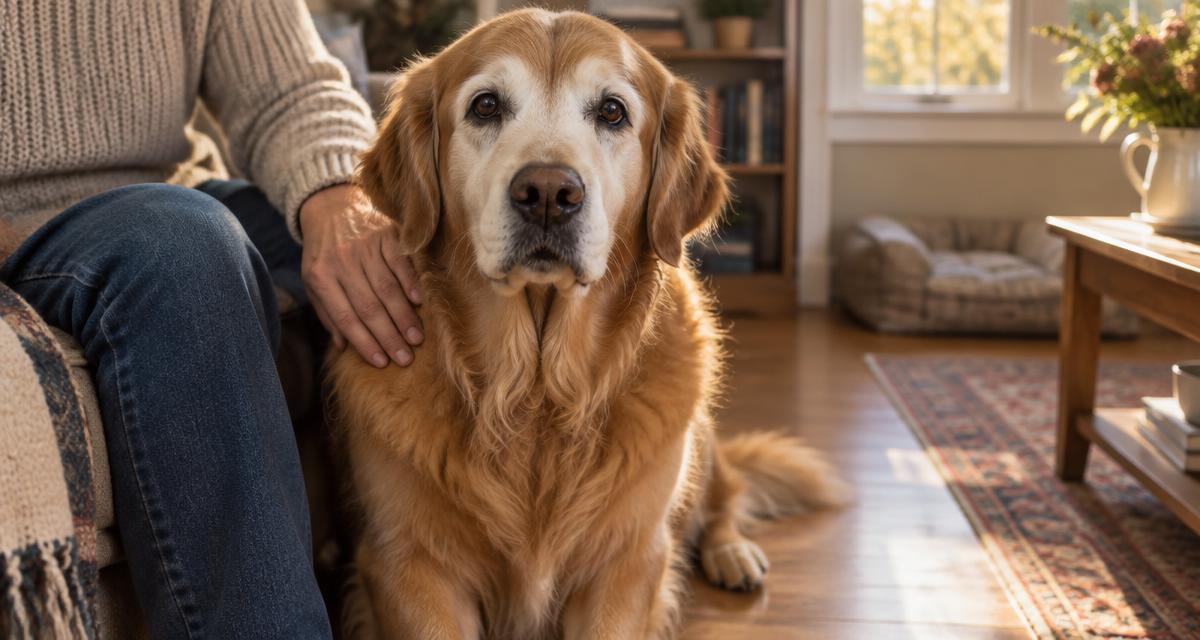 Elderly golden retriever with a grey muzzle holding eye contact while their owner rests a hand on their shoulder