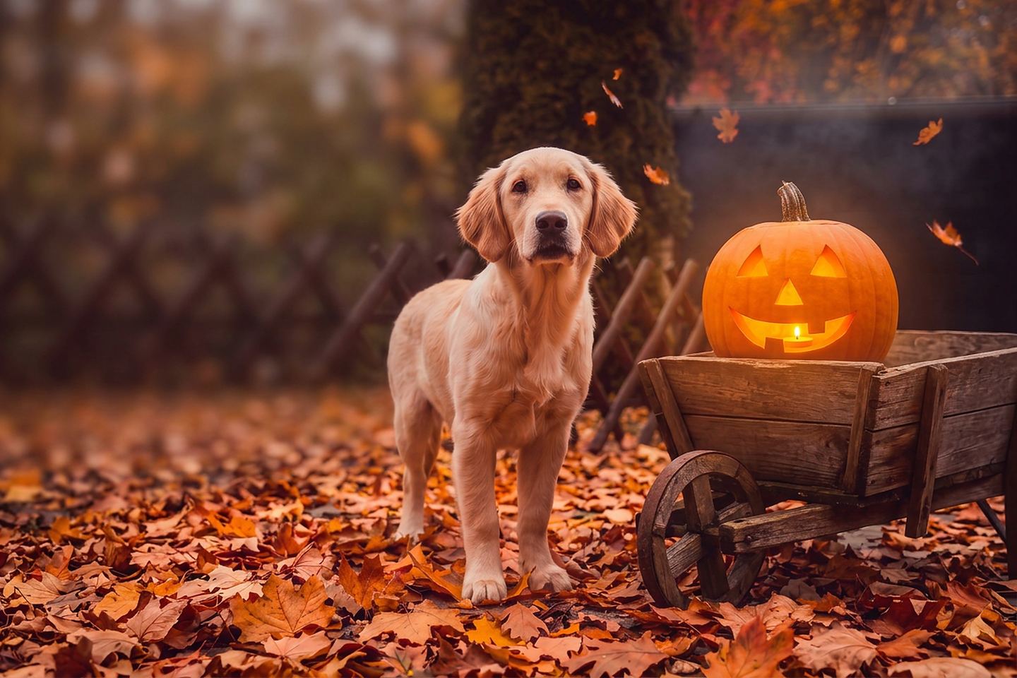 Golden retriever puppy beside a glowing jack-o'-lantern in a garden cart on autumn leaves