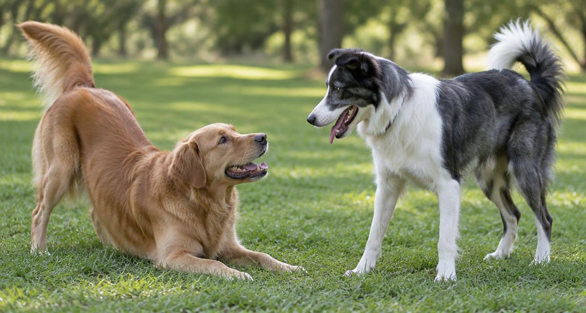 A golden retriever in a play bow inviting another dog to play on grass