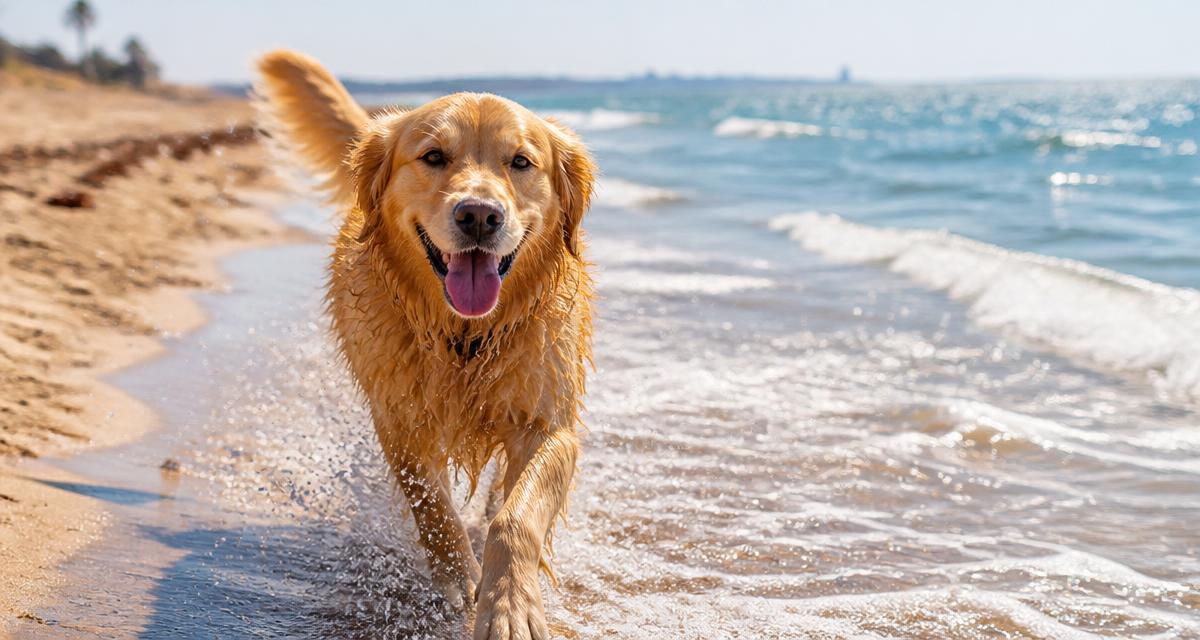 A golden retriever running along the water's edge on a sunny sandy beach