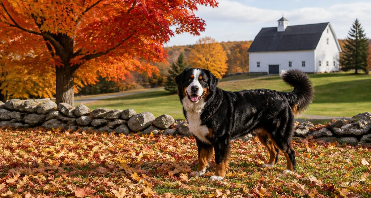 A Bernese mountain dog standing among fallen autumn leaves in a New England landscape with a white barn