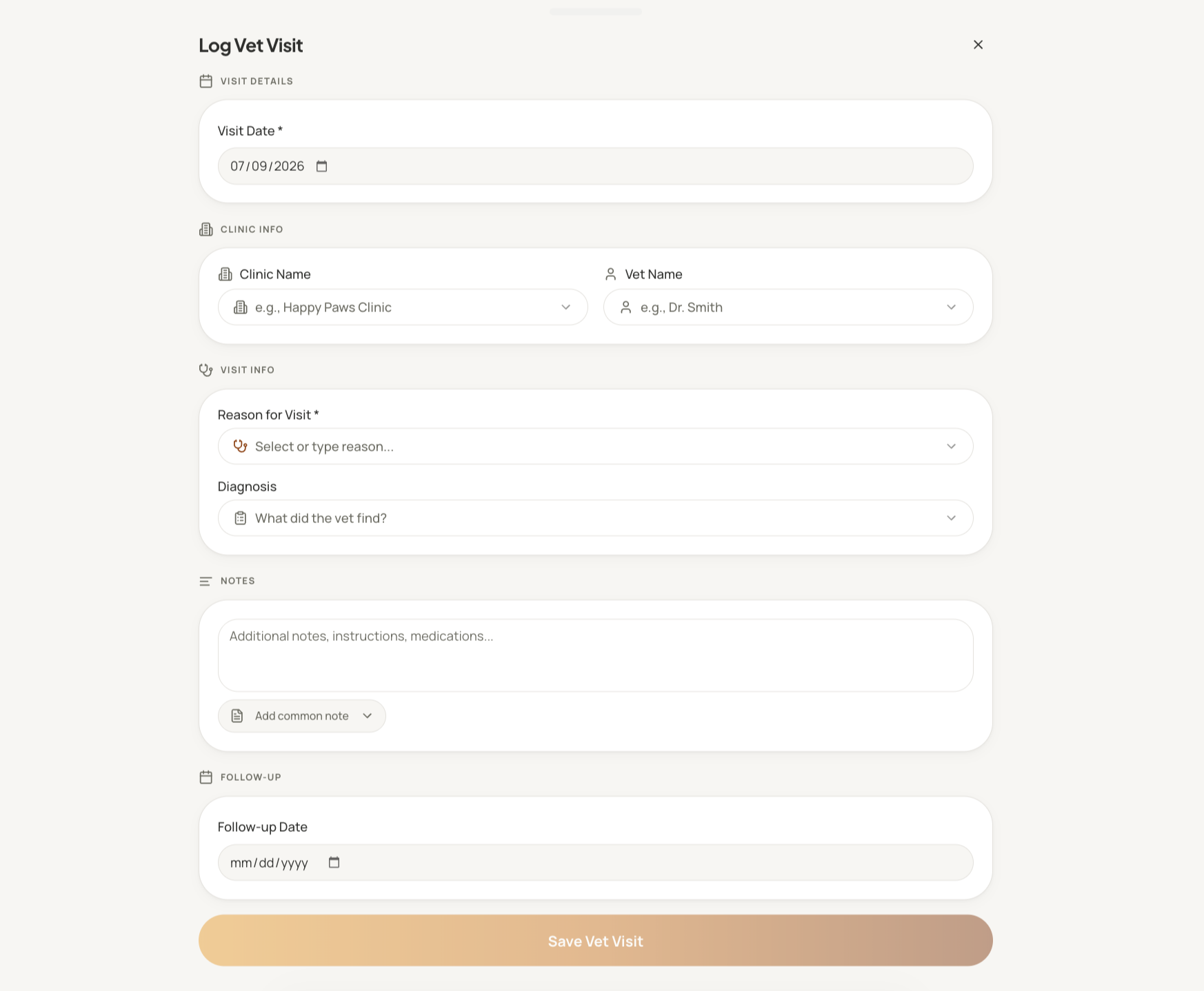 CanineQ's Log Vet Visit screen with visit date, clinic, vet, reason, notes and follow-up date