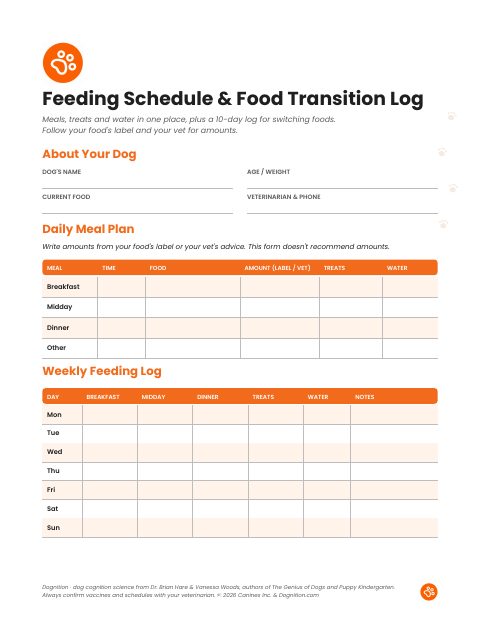Page one of Dognition’s free printable dog feeding schedule with meal plan and weekly log