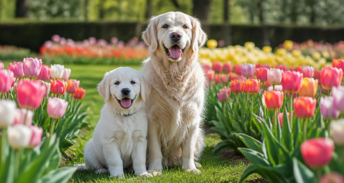 An adult dog and a puppy sitting together in a field of blooming tulips on a sunny spring morning