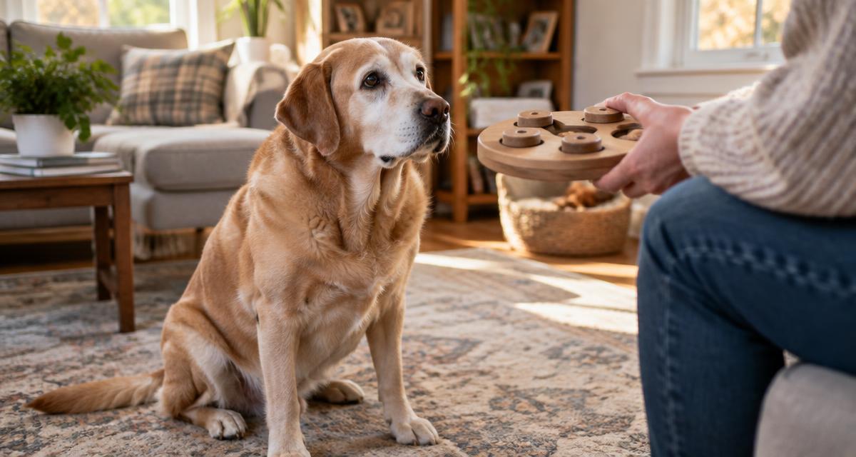 Senior yellow Labrador with a grey muzzle sitting on a living room rug, looking up at an owner holding a wooden treat puzzle