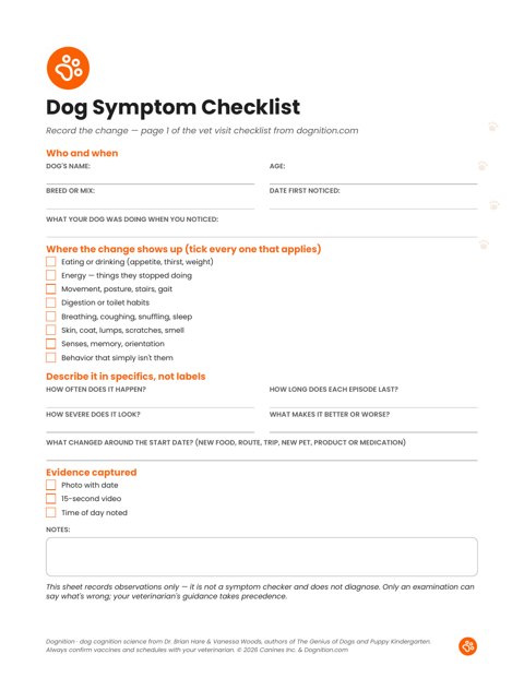 Page one of Dognition’s orange-paw branded fillable Dog Symptom Checklist