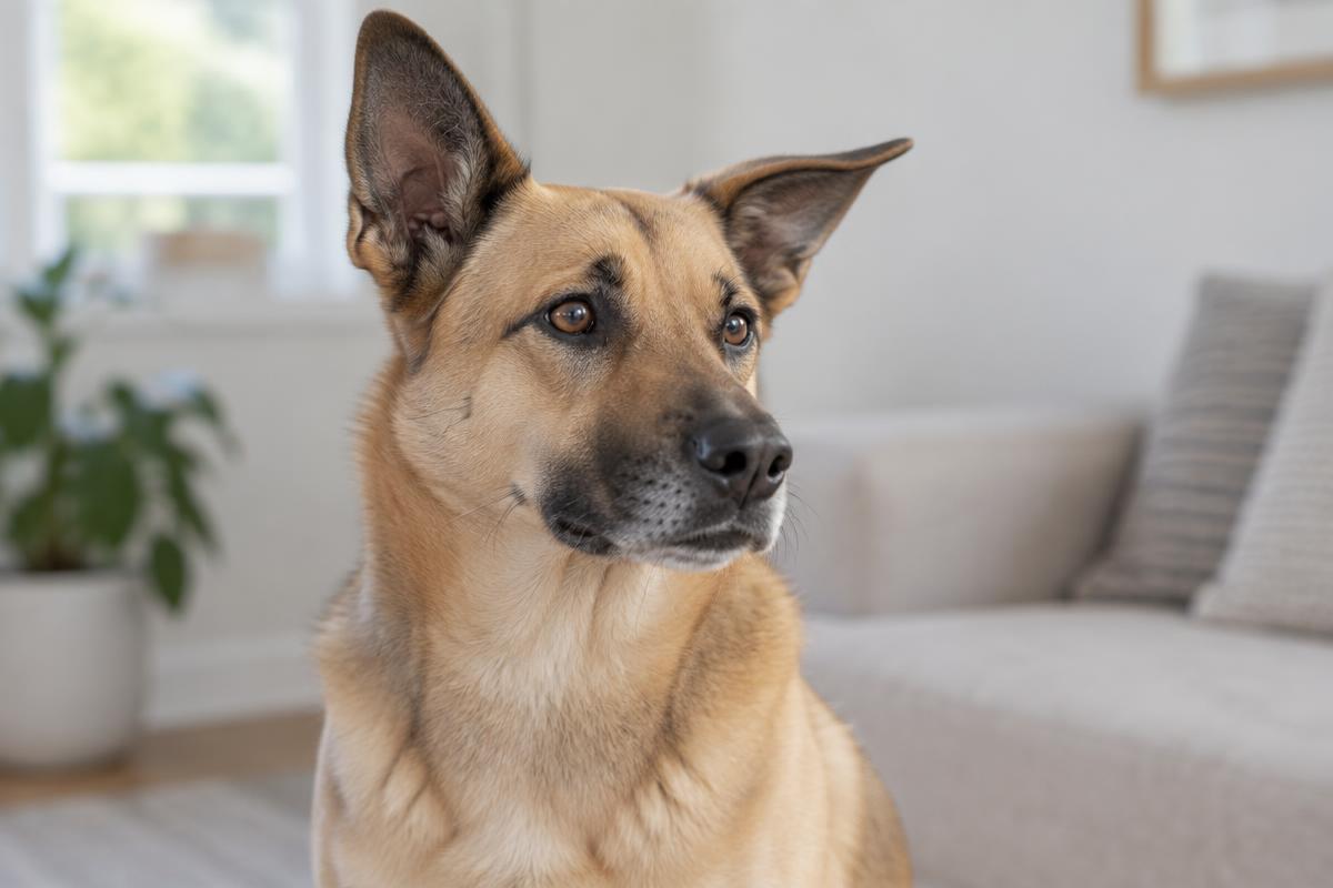 Alert tan dog with one ear facing forward and the other angled sideways