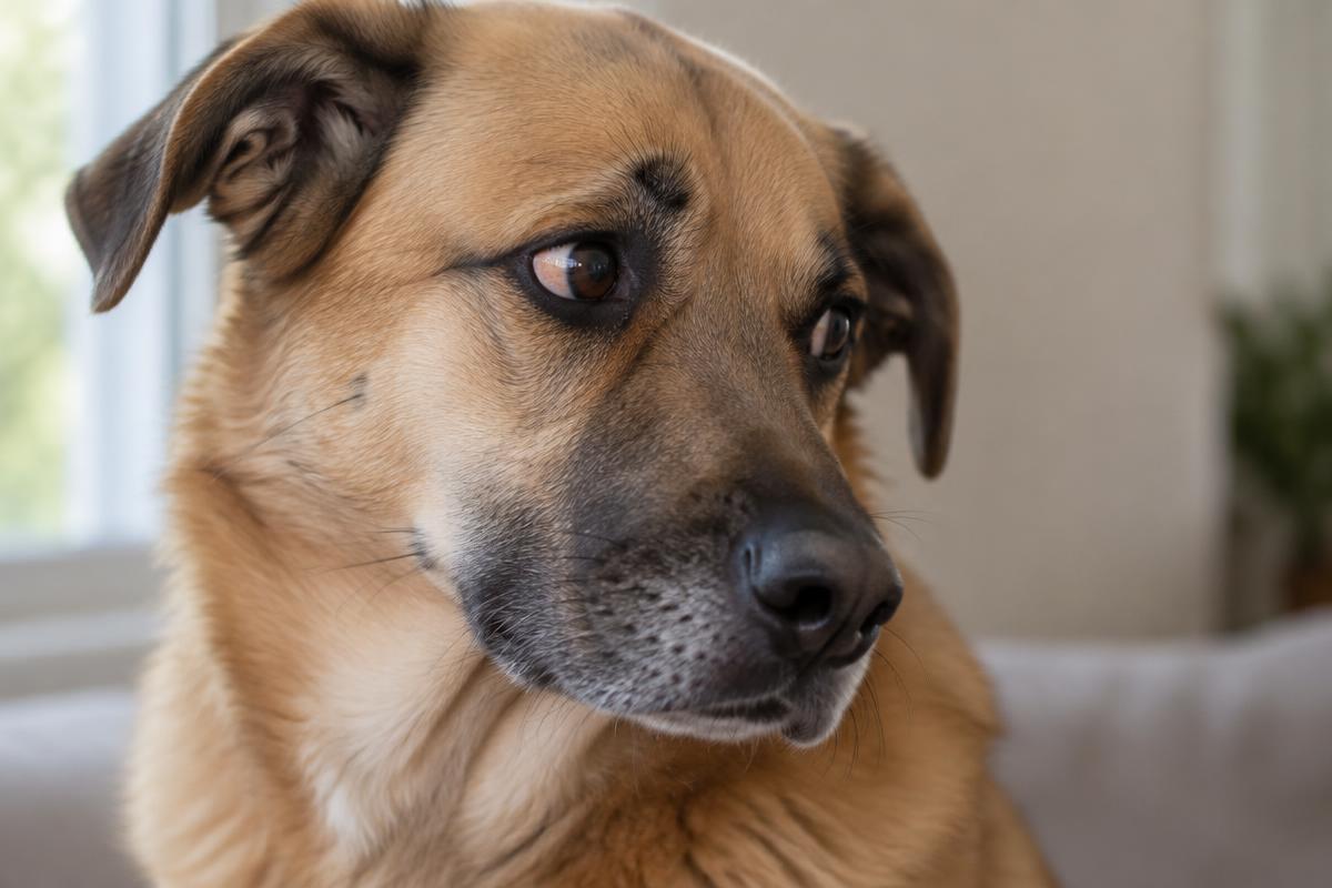 Tan dog turning its head away while the white crescent of one eye remains visible
