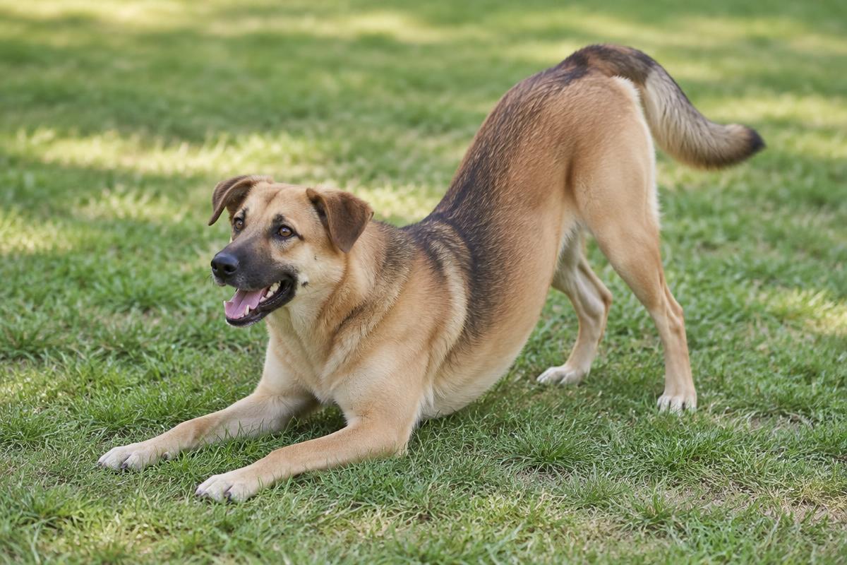 Playful tan dog bowing with front legs extended, chest low, and hindquarters raised