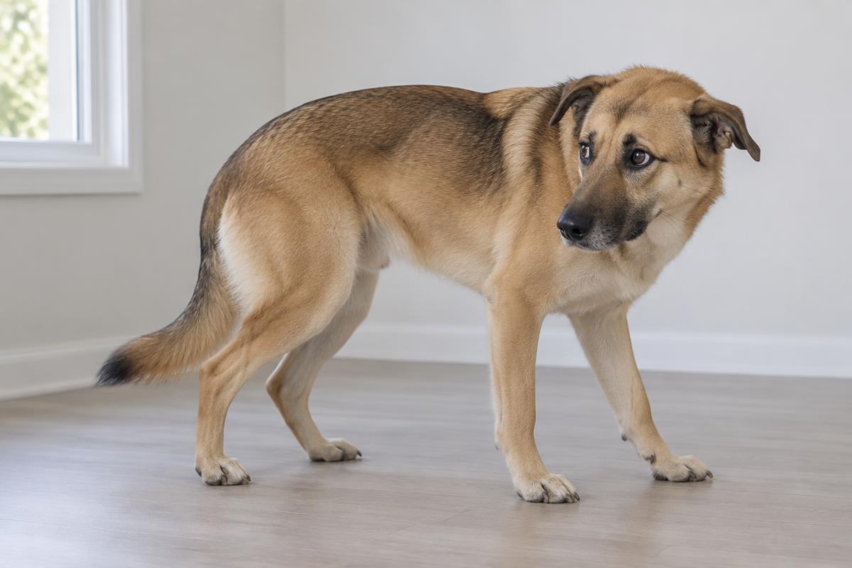 Tan dog standing with its body lowered, weight shifted back, and head turned away