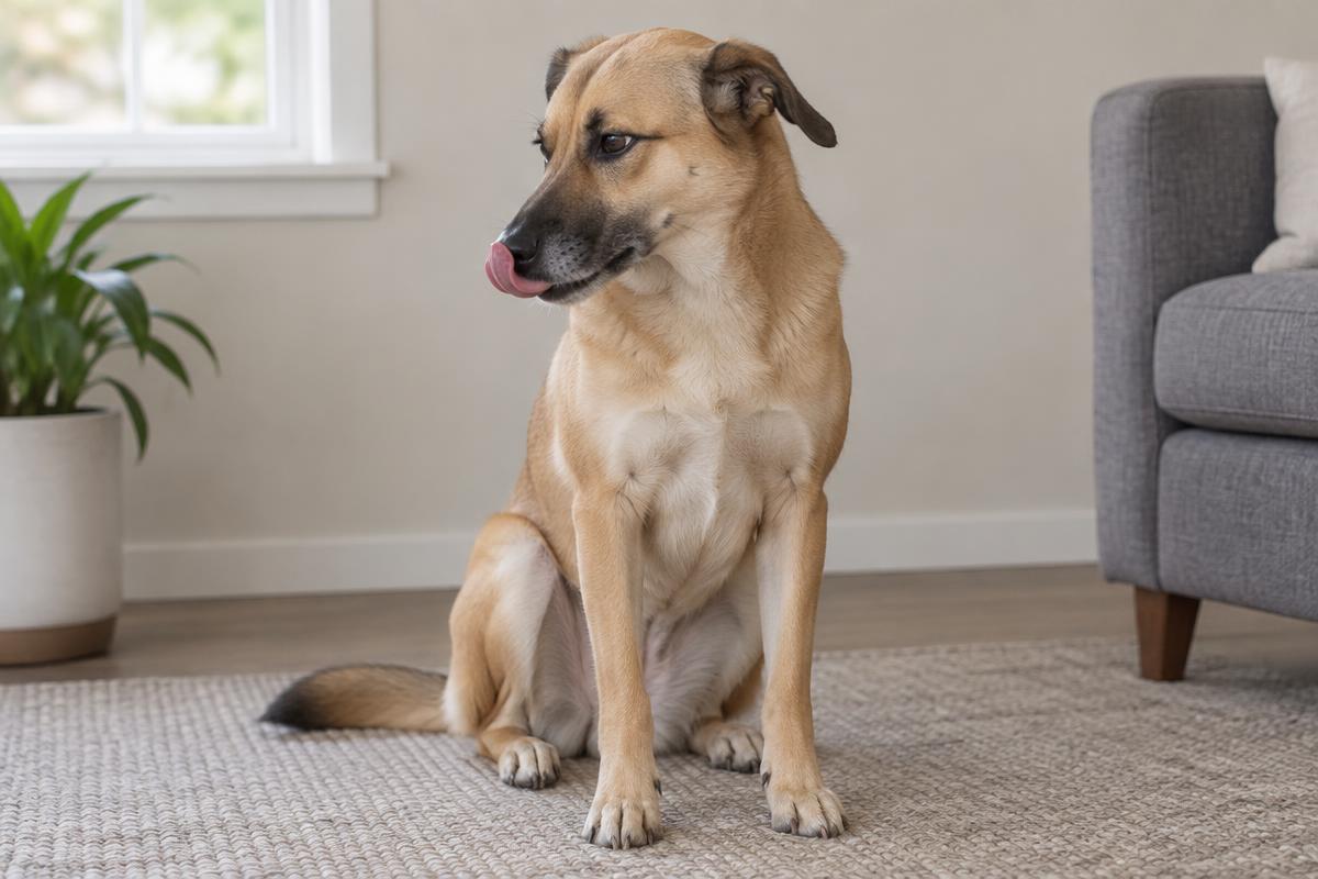 Seated tan dog turning its head away while briefly licking its nose