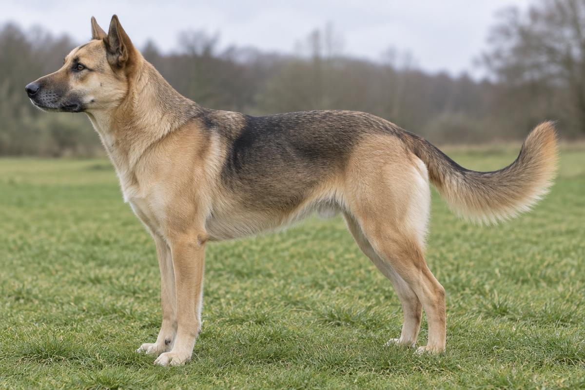 Tan shepherd-mix dog standing in profile with its tail held loosely at mid height
