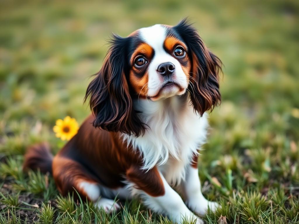 Cavalier King Charles Spaniel sitting on grass