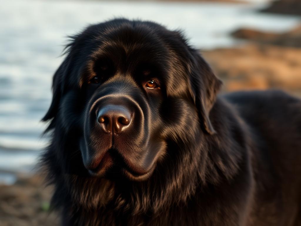 Black Newfoundland dog by the water