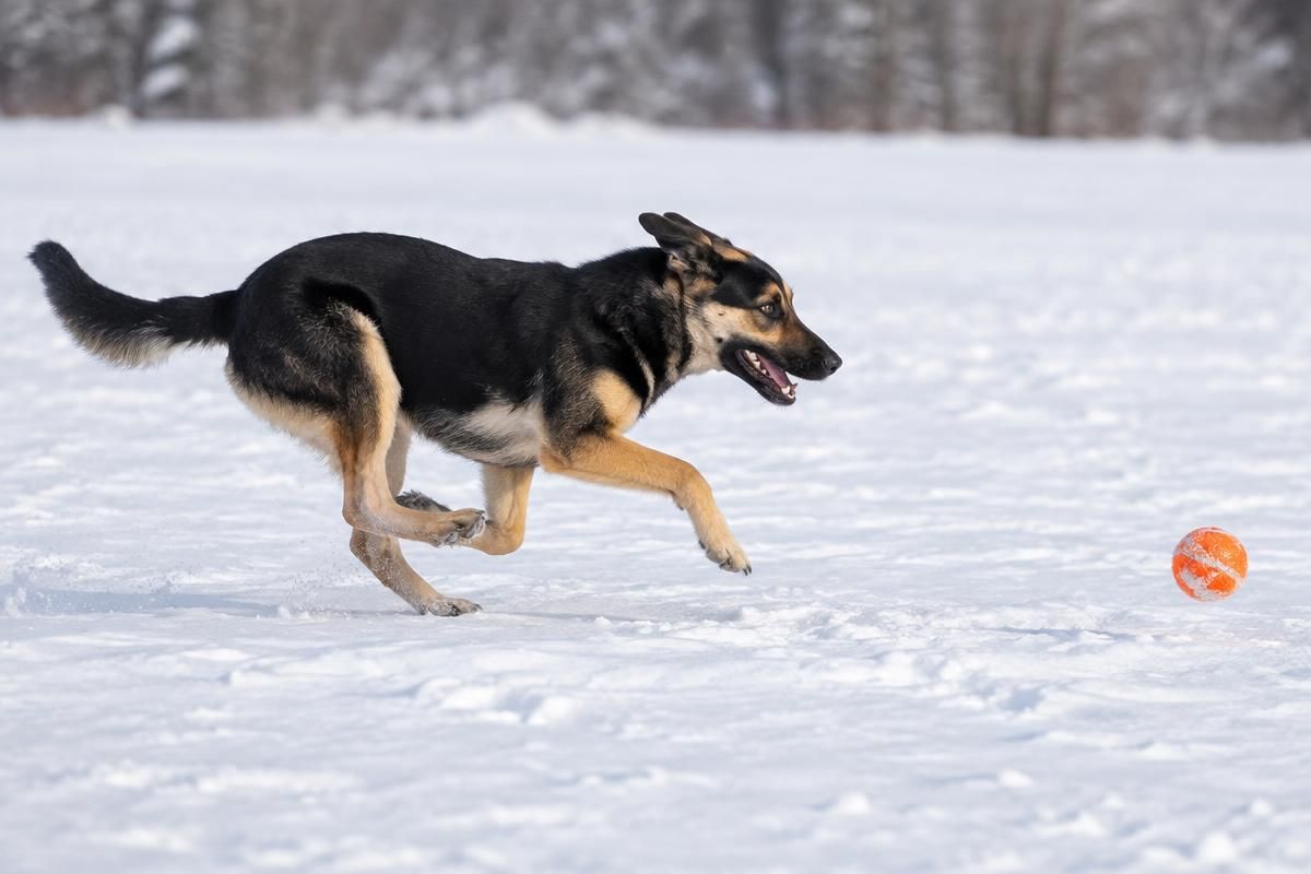 Black-and-tan shepherd mix sprinting through snow after an orange ball