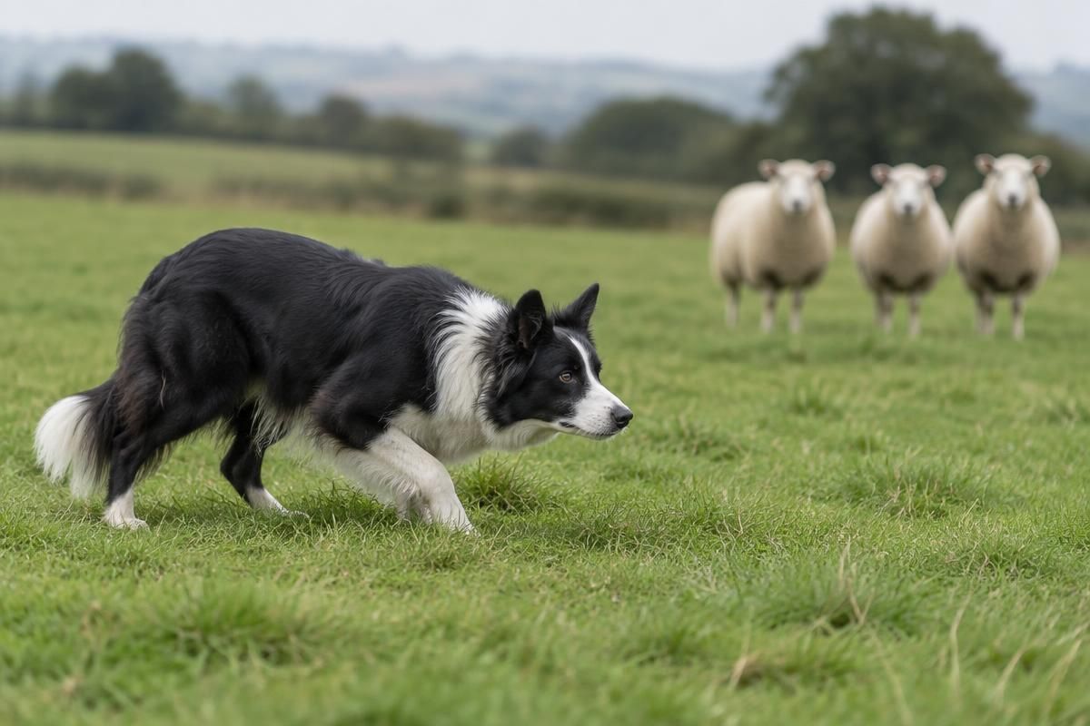Border collie moving in a low, focused herding stance toward three sheep
