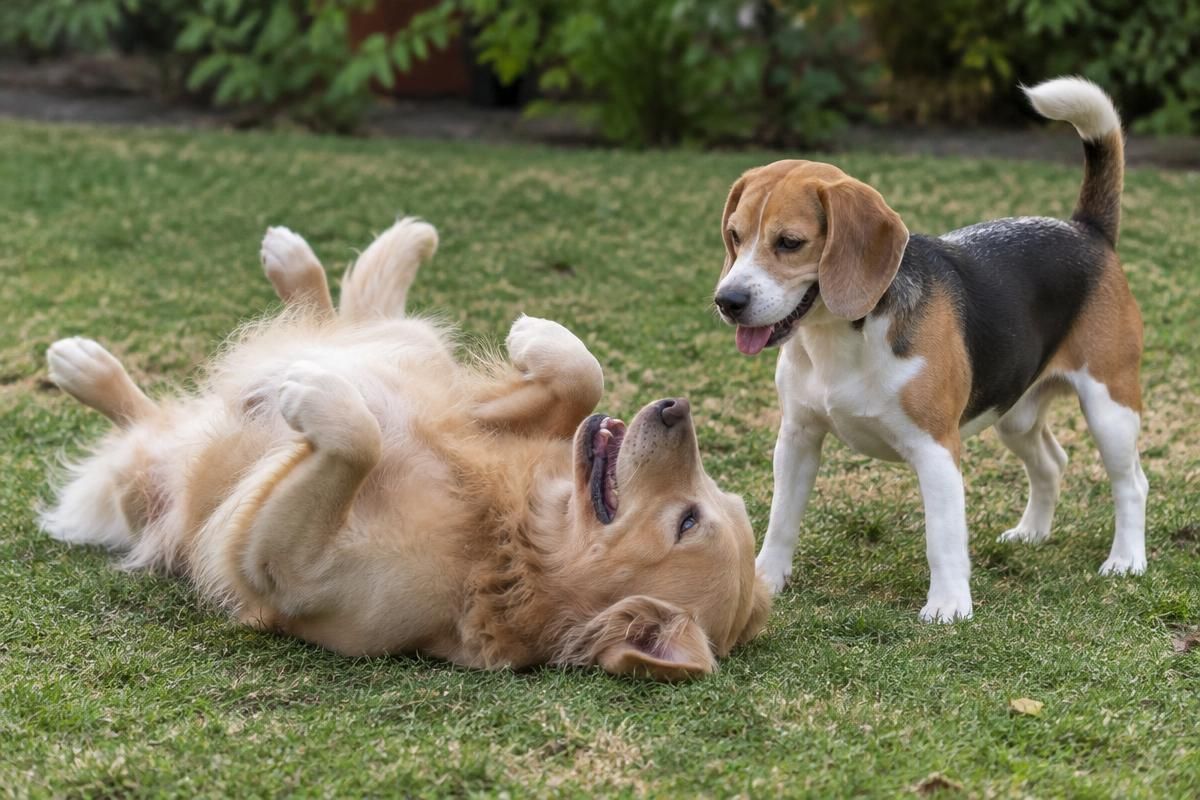Large golden retriever rolling onto its back while playing gently with a smaller beagle