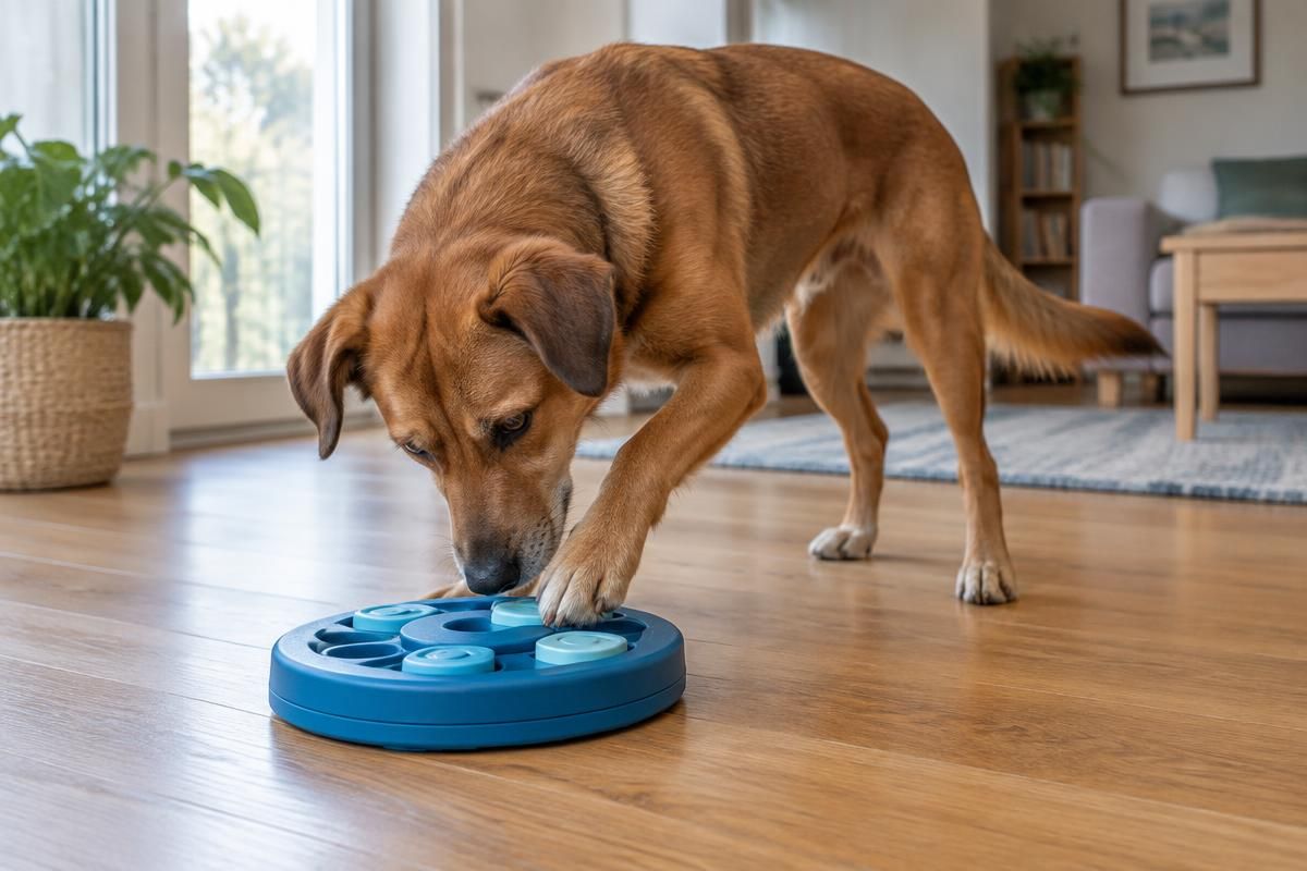 Rust-colored dog using its nose and front paw to explore a blue puzzle toy