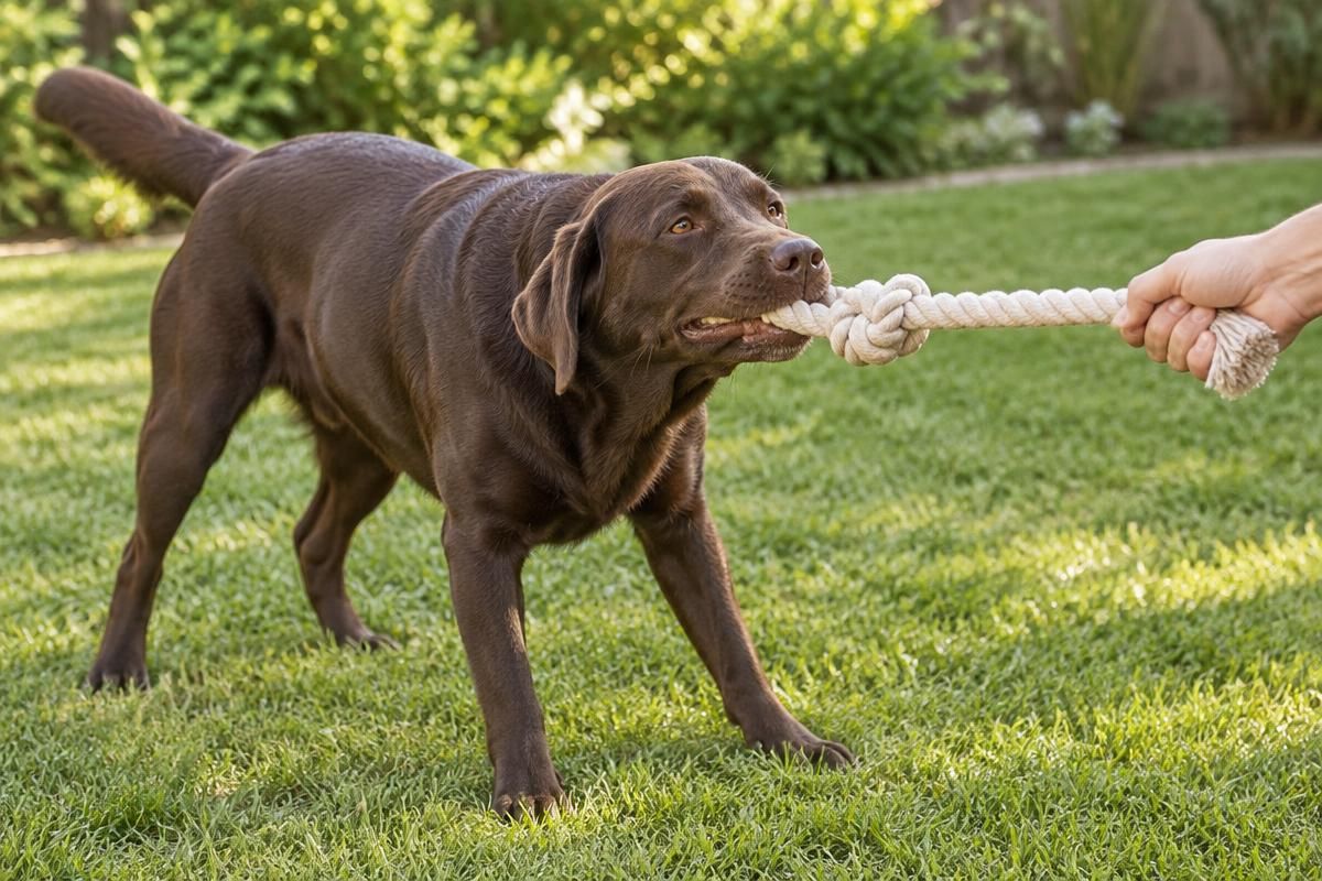 Chocolate Labrador standing on grass and pulling a rope toy held by a person