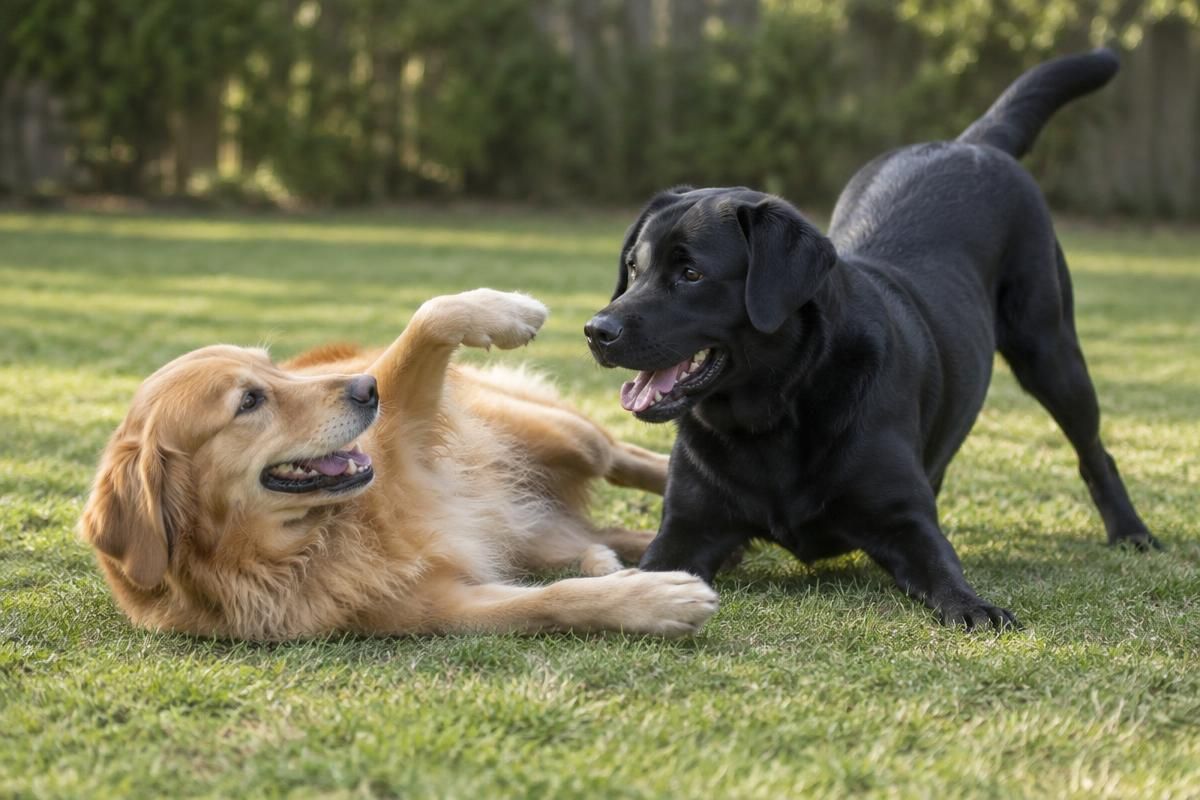 Golden retriever and black Labrador gently wrestling with loose, playful body language